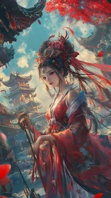 Imperial courtesan rises amid crimson petals and spires.