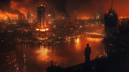 Lone dreamer watching a fiery neon city ignite the night.