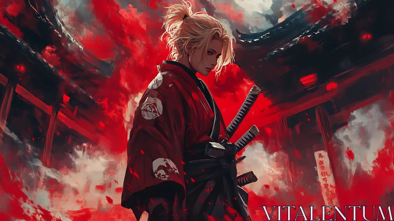 Blond samurai warrior in red kimono amid dynamic crimson fog