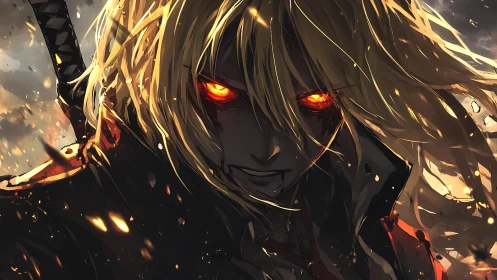 Volcanic-eyed swordsman in incandescent anime combustion frame.
