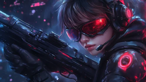 Cyberpunk sniper portrait with neon headset and visor detail.