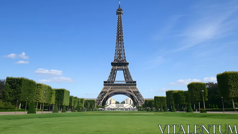 Eiffel Tower rises over symmetrical Parisian park lawns