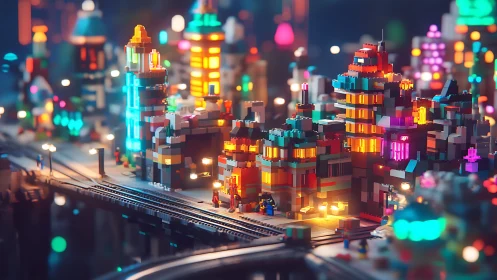 Neon brickwork city glows like pixelated midnight circuitry