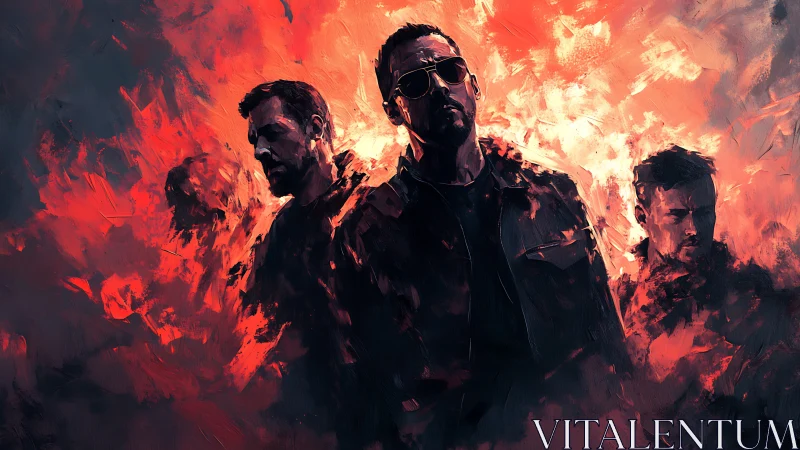 Three men in sunglasses in fiery red digital portrait.
