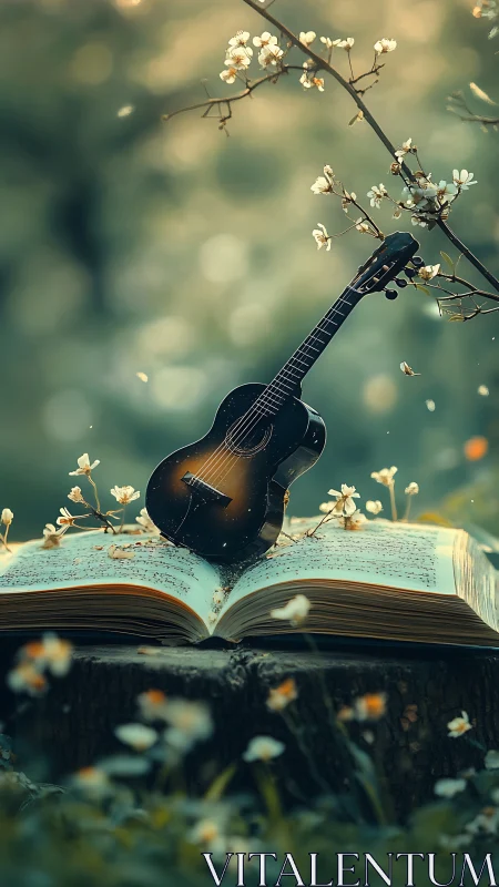 Tiny guitar rests on songbook in a dreamy forest glow.