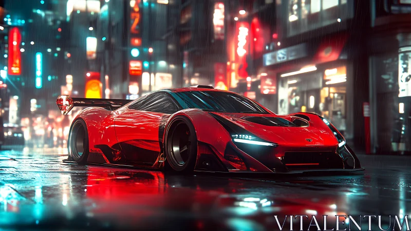 Neon rain crowns a crimson hypercar stalking midnight streets