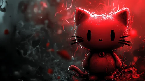 Red Luminous Cat Sculpture: Cyberpunk Digital Rendering.