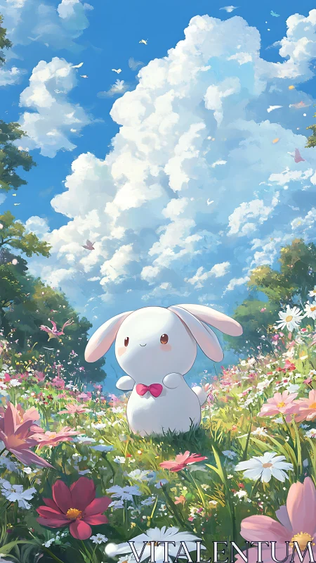Gentle bunny enjoys a sunny wildflower meadow under bright clouds