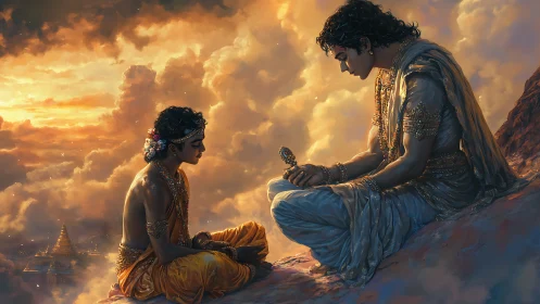 Golden sky conversation between two serene young sages.