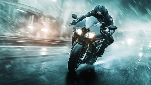 Midnight rider carving through rain-soaked city streets.