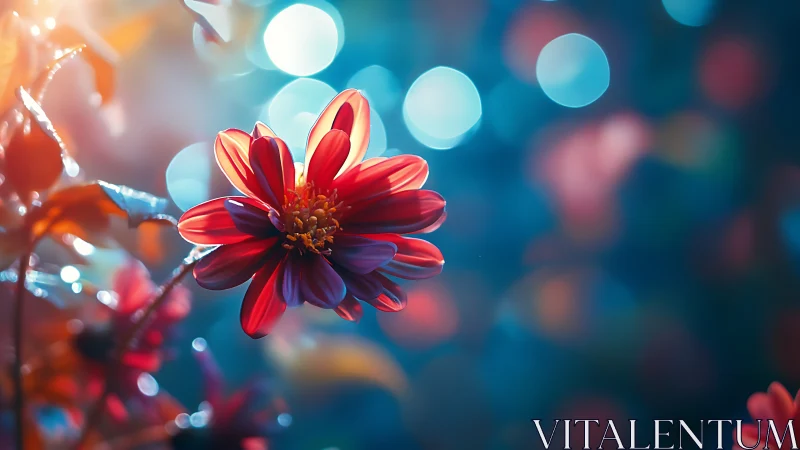 Red Dahlia with Bokeh Lights Against Blue Background.