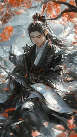 Stoic swordsman meditates beneath a storm of crimson leaves