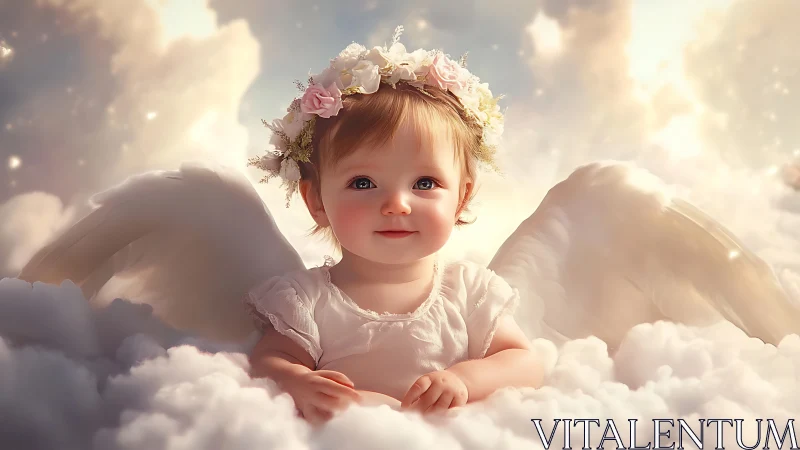 Gentle baby angel resting in soft, storybook clouds.