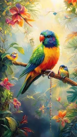 Chromatic lorikeets on jeweled perch in luminous rainforest.