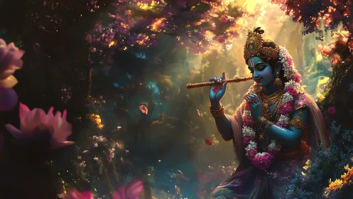 Divine blue deity playing flute amid luminous floral bokeh
