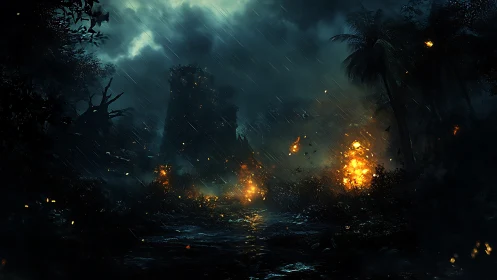 Tropical Landscape with Storm, Fire, and Ruined Structure.