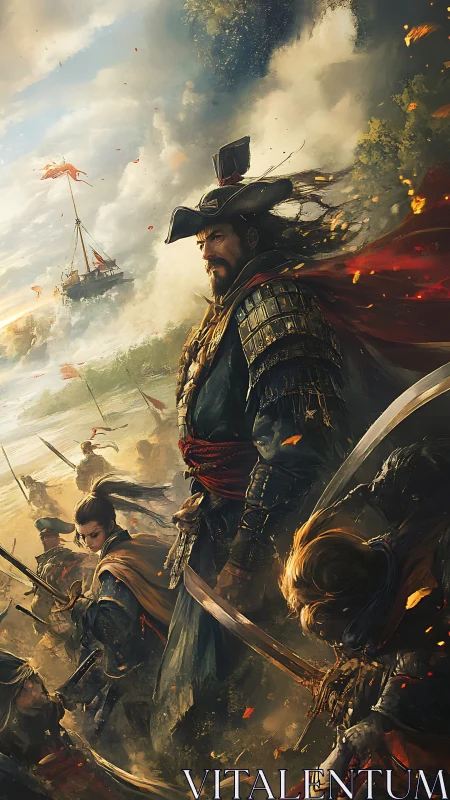 Storm-scarred samurai admiral strides through embers of war.