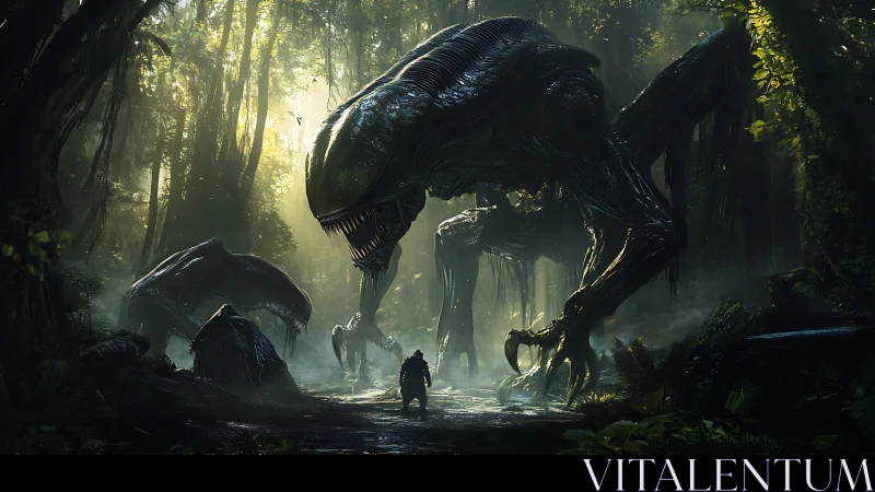 Concept art of alien predators confronting explorer in jungle.