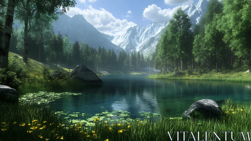Serene alpine lake with conifers, wildflowers and snowy peaks.