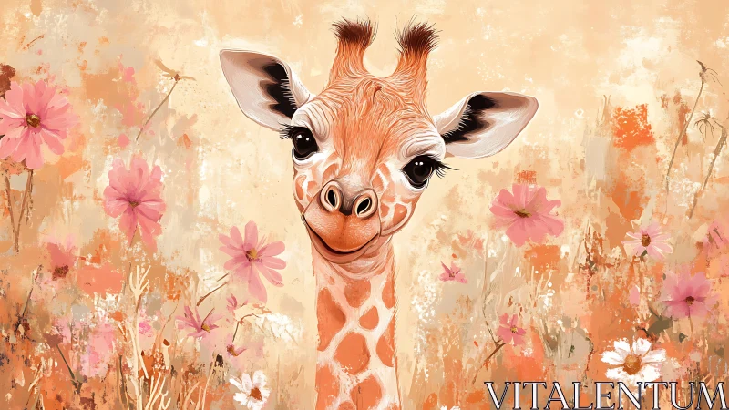Smiling baby giraffe amid pastel wildflower meadow.