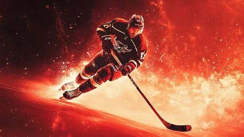 Ice hockey forward in intense red digital action scene.