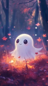 Gentle ghost glows happily in a dreamy autumn forest