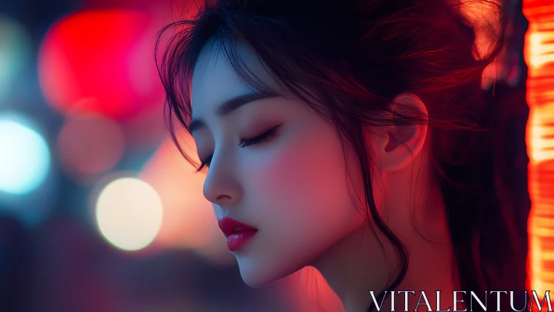 Side profile portrait shows woman in neon city bokeh light