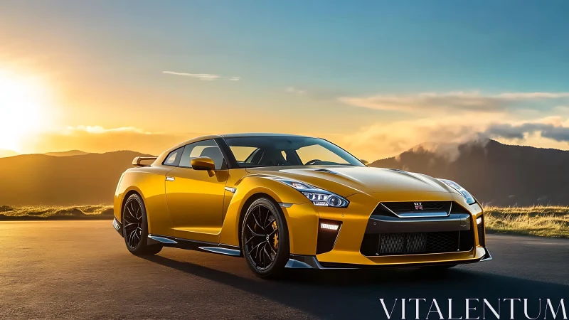 Golden sports coupe parked on mountain road at sunset.