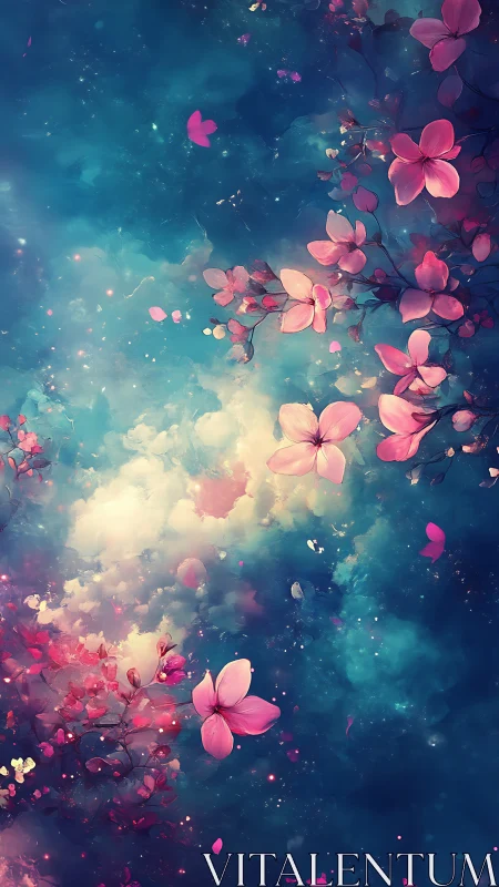 Pink flowers rendered with atmospheric fog and particle effects