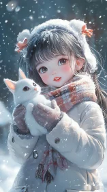Snowy child portrait with rabbit and luminous bokeh snowfall.