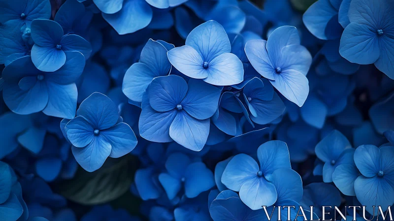 Blue hydrangea flowers display dense clustered petals in shallow focus.