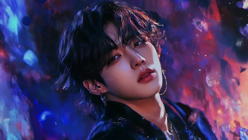 Stylized digital portrait of young man in neon colors.