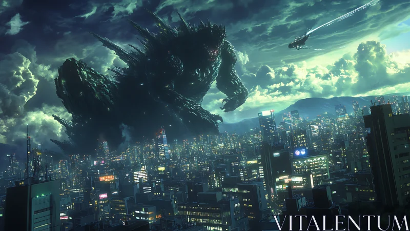 Colossal reptilian entity over dense illuminated cityscape.