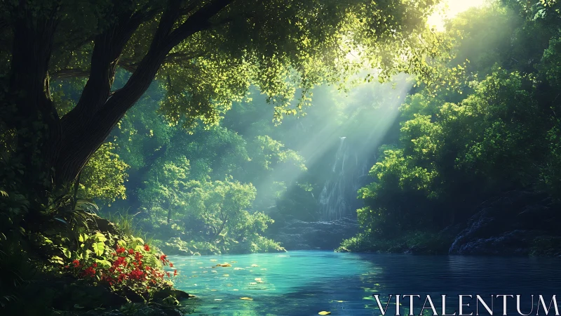 Sunlit forest river flows beneath dense green canopy