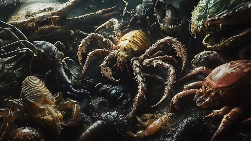 Brooding abyssal crustacean war council in murky gloom.