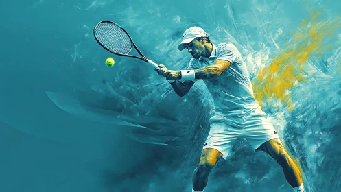 Bold tennis swing captured in glowing teal and gold energy.