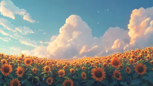 Sunlit sunflower field under volumetric clouds and warm sky gradient