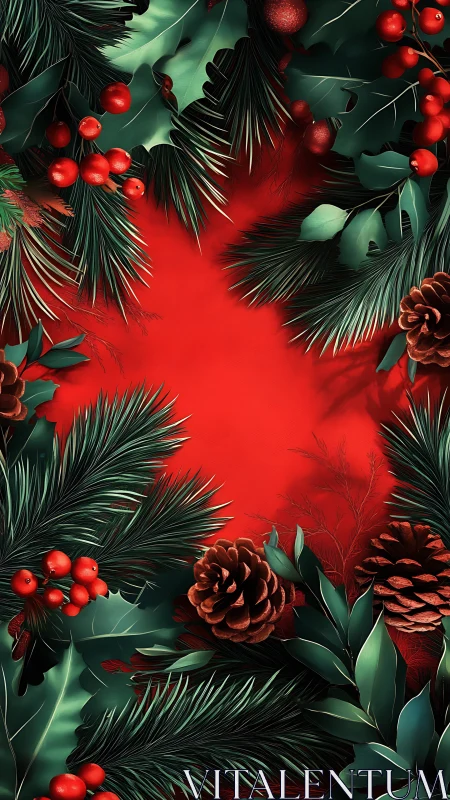 Detailed digital Christmas border with pine, holly and cones