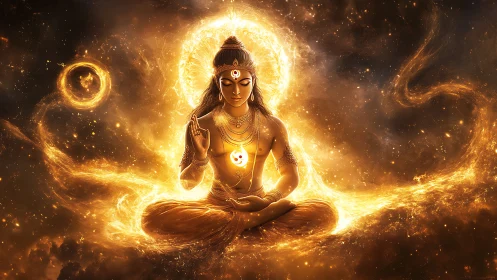 Luminous astral sage in golden cosmic energy halo composition.