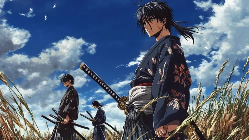 Samurai companions standing strong beneath a wide summer sky.