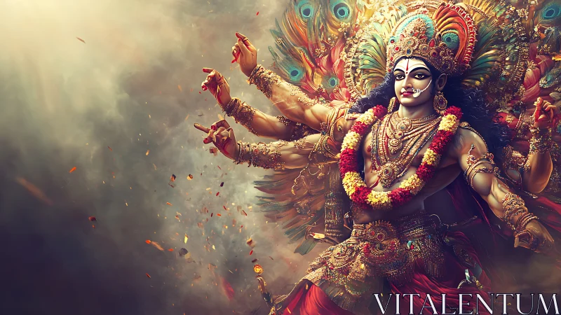 Multi-armed deity figure with peacock plumes and garlands.