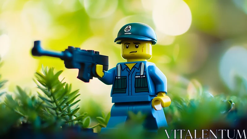 Toy soldier minifigure with rifle in outdoor foliage scene.