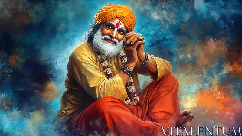 Seated elder in orange garments is rendered against abstract background