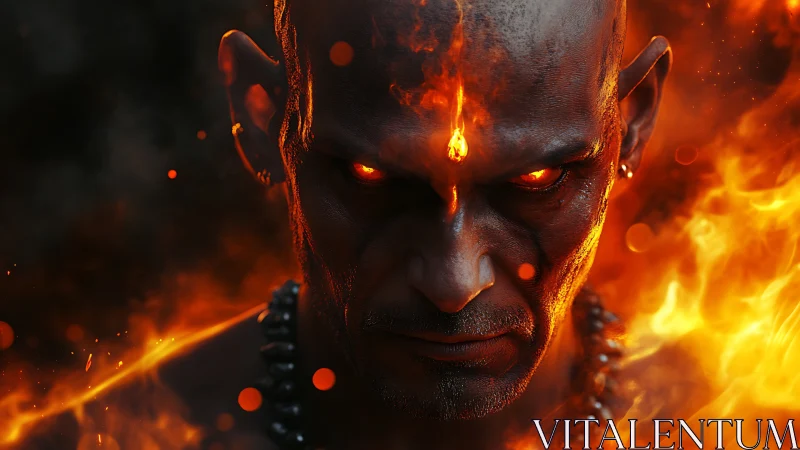 Infernal warrior portrait framed by dynamic swirling flames.