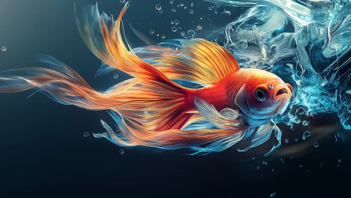 Goldfish comet streaks through liquid glass and swirling light