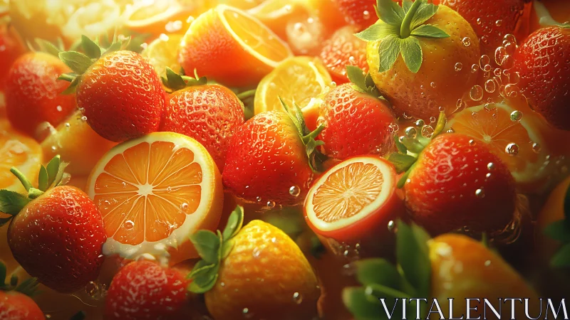 Sunlit citrus and strawberries in a sparkling splash carnival.