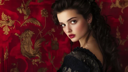 Baroque-inspired brunette portrait against crimson brocade.