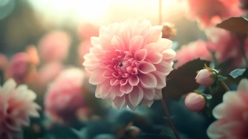 Backlit Pink Dahlia with Layered Petals in Golden Hour Soft Focus
