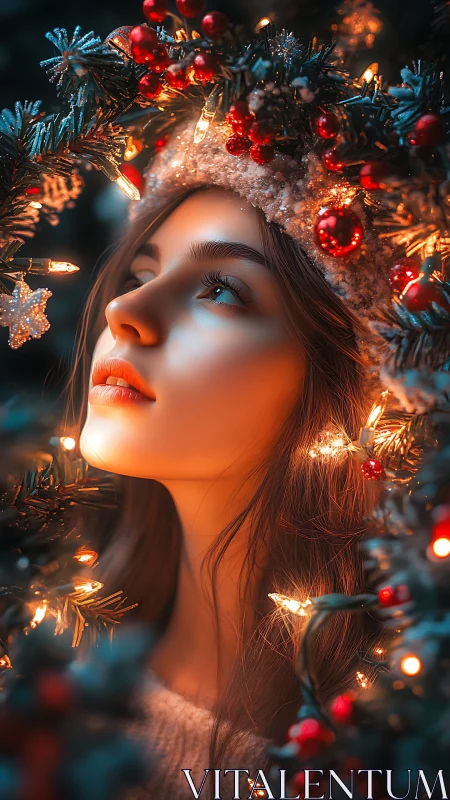 Holiday lights framing contemplative woman in warm glow.