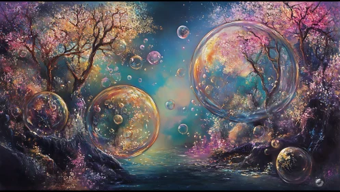 Glowing dreamlike forest floats with crystal bubbles above water